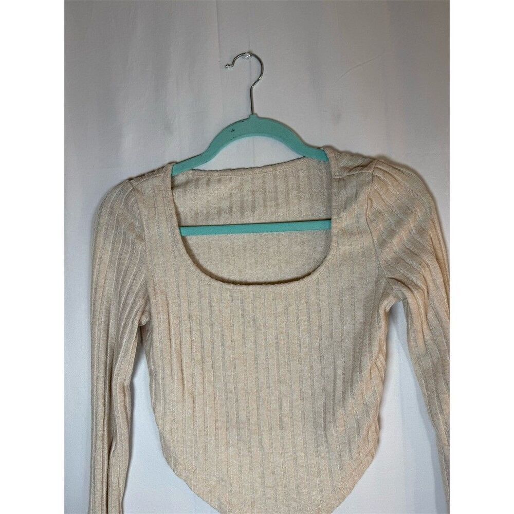 SHEIN Cropped Top Womens Size S Beige Ribbed Knit Square Neck Long Sleeve - Picture 2 of 9